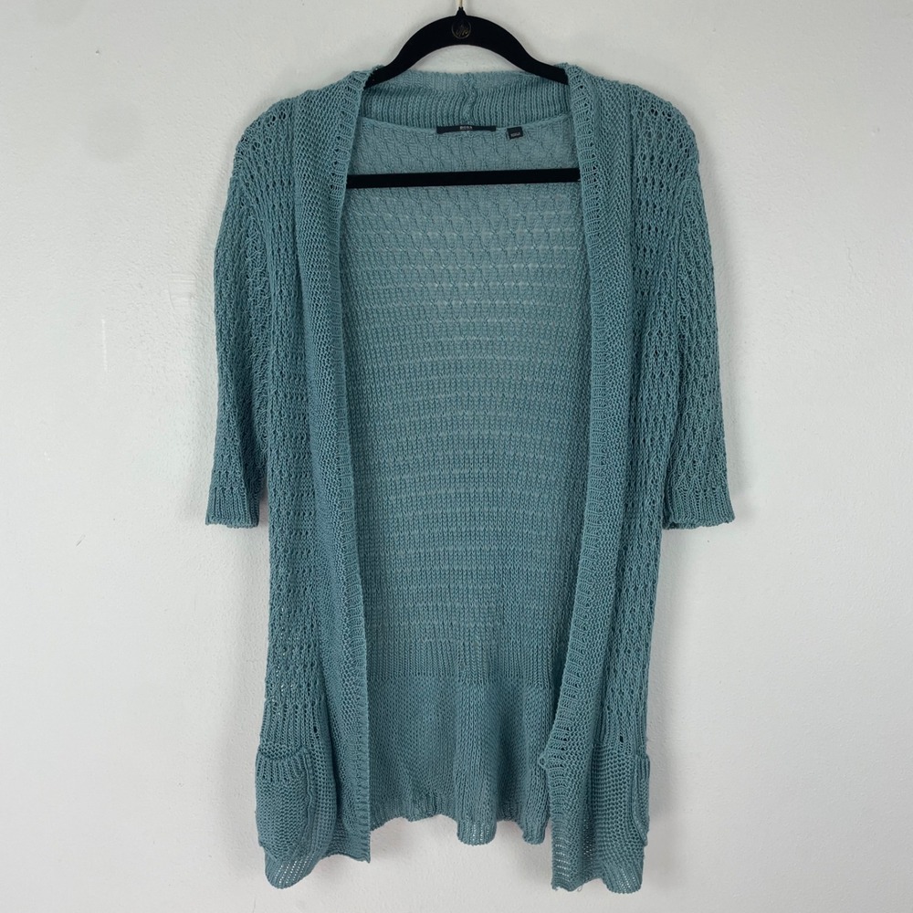 BOSS Hugo Boss Knit Cardigan Sweater Women's Small‎ Blue Open Front 100% Linen